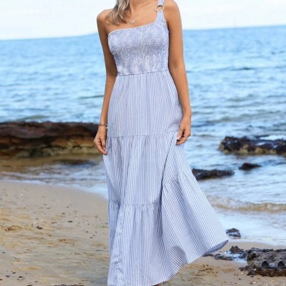 One Shoulder O-ring Detail Shirred Ruffle Hem Striped Print Dress - Picture 2 of 6